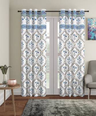 Rajsthan Decor Screen Print Cotton White Floral Door Curtain Set of 2 (54x85 Inch) 1