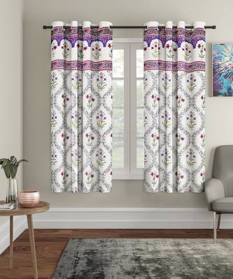 Rajsthan Decor Screen Print Cotton White Floral Window Curtain Set of 2 (54x62 Inch) 1