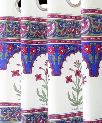 Rajsthan Decor Screen Print Cotton White Floral Window Curtain Set of 2 (54x62 Inch) 2