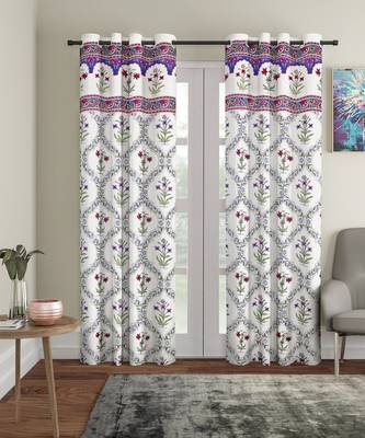 Rajsthan Decor Screen Print Cotton White Floral Door Curtain Set of 2 (54x85 Inch) 1