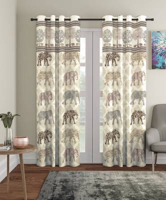 Rajsthan Decor Animal Print Beige Color Cotton Long Door Curtain Set of 2 (54x110 inch) 1
