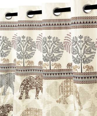 Rajsthan Decor Animal Print Beige Color Cotton Long Door Curtain Set of 2 (54x110 inch) 2