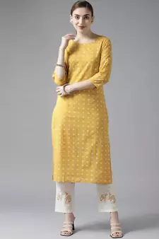 Mustard printed cotton ethnic-kurtis