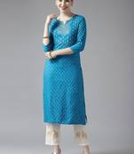 Turquoise printed cotton kurtas-and-kurtis