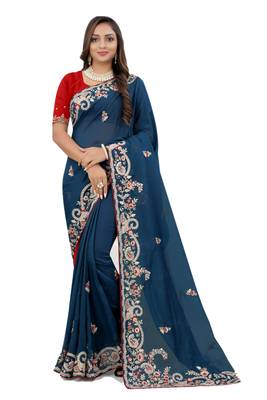 Teal embroidered organza saree with blouse 1