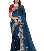 Teal embroidered organza saree with blouse