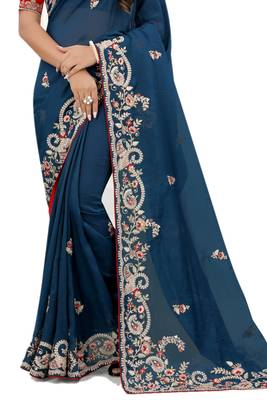 Teal embroidered organza saree with blouse 2