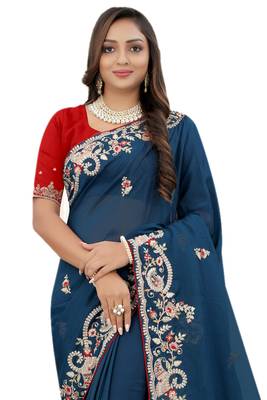 Teal embroidered organza saree with blouse 3