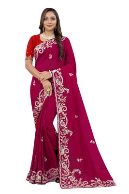 Maroon embroidered organza saree with blouse 1