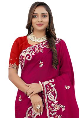 Maroon embroidered organza saree with blouse 3