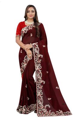 Maroon embroidered organza saree with blouse 1