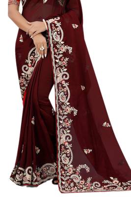 Maroon embroidered organza saree with blouse 2