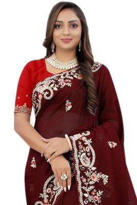 Maroon embroidered organza saree with blouse 3