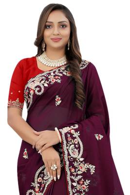 Purple embroidered organza saree with blouse 3