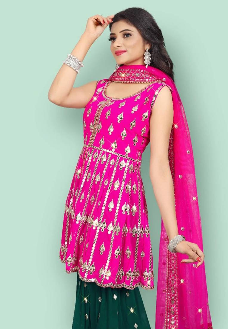Rani Pink Zari Embroidered With Paper Mirror Work Faux Georgette Party Wear Salwar Kameez
