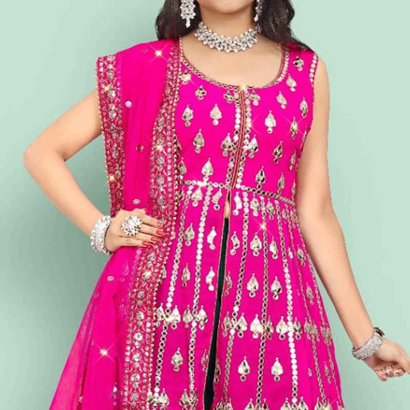 Rani Pink Zari Embroidered With Paper Mirror Work Faux Georgette Party Wear Salwar Kameez