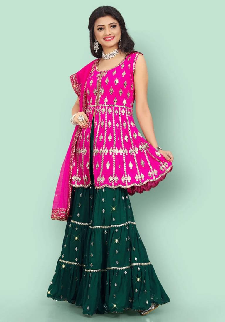 Rani Pink Zari Embroidered With Paper Mirror Work Faux Georgette Party Wear Salwar Kameez