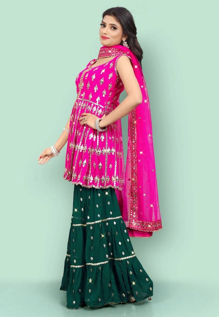 Rani Pink Zari Embroidered With Paper Mirror Work Faux Georgette Party Wear Salwar Kameez