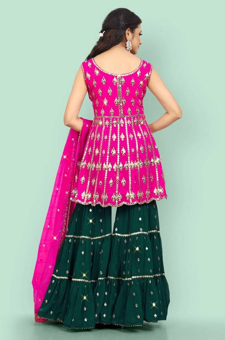 Rani Pink Zari Embroidered With Paper Mirror Work Faux Georgette Party Wear Salwar Kameez
