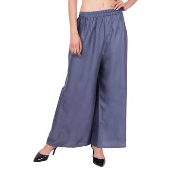 PAVONINE Grey Color Straight Fit Rayon Fabric Palazzo 1