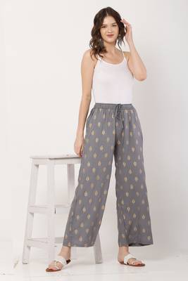PAVONINE Grey Color Full Golden Leaf Print Palazzo Pant 1
