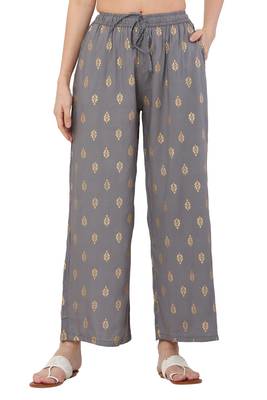 PAVONINE Grey Color Full Golden Leaf Print Palazzo Pant 2