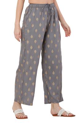 PAVONINE Grey Color Full Golden Leaf Print Palazzo Pant 3