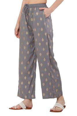 PAVONINE Grey Color Full Golden Leaf Print Palazzo Pant 4