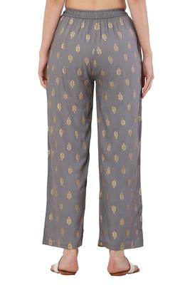 PAVONINE Grey Color Full Golden Leaf Print Palazzo Pant 5