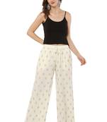 PAVONINE Off White Color Full Golden Leaf Print Palazzo Pant