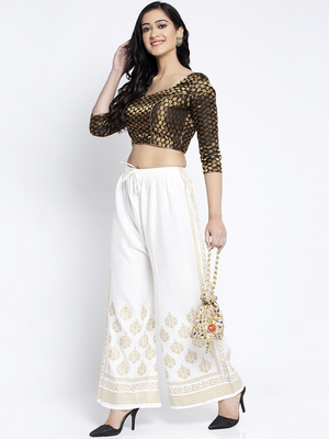 PAVONINE Off-White Color Block Side Printed Rayon Fabric pant 1