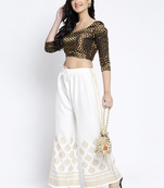 PAVONINE Off-White Color Block Side Printed Rayon Fabric pant