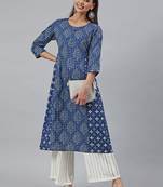 Blue printed cotton kurtas-and-kurtis