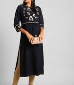 Janasya Navy-blue printed crepe kurtas-and-kurtis