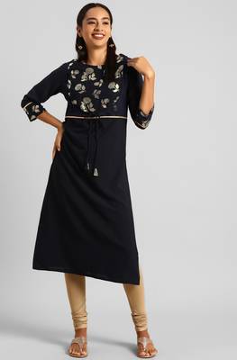 Janasya Navy-blue printed crepe kurtas-and-kurtis 3