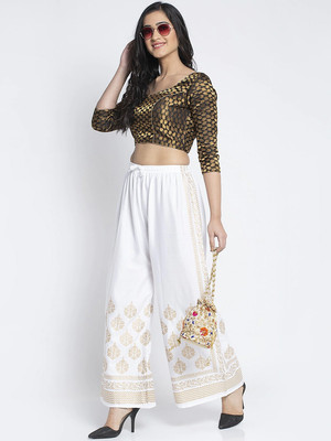 PAVONINE White Color Block Side Printed Rayon Fabric pant 1