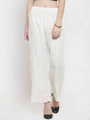 PAVONINE Off-White Color Half Schiffli Chikankari Rayon Fabric Palazzo 1