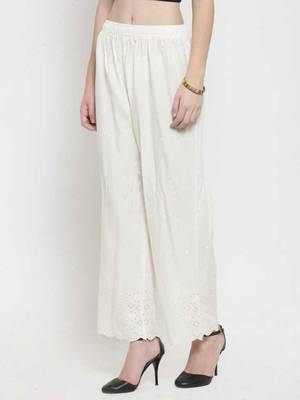 PAVONINE Off-White Color Half Schiffli Chikankari Rayon Fabric Palazzo 3