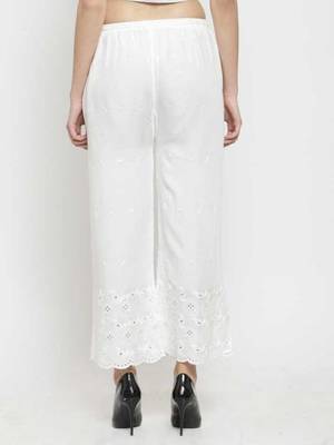 PAVONINE White Color Half Schiffli Chikankari Rayon Fabric Palazzo 2