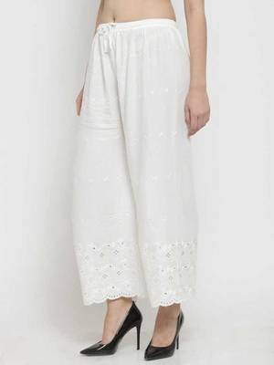 PAVONINE White Color Half Schiffli Chikankari Rayon Fabric Palazzo 3
