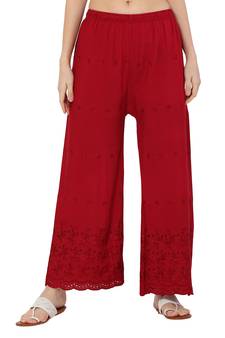 PAVONINE Maroon Color Half Schiffli Chikankari Rayon Fabric pant