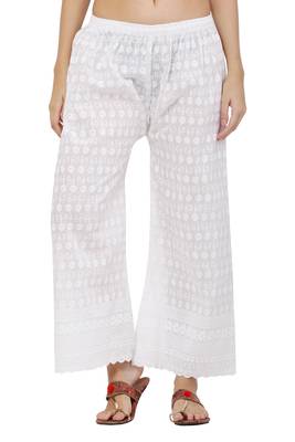 PAVONINE White Color Full Chikankari Cotton Fabric pant 1