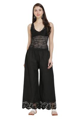 PAVONINE Black Color Chikankari Lace Scalloped Hem Cotton Fabric pant 4
