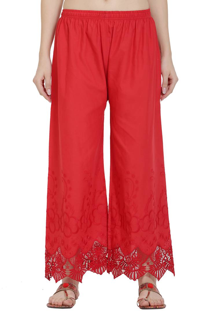 PAVONINE Red Color Chikankari Lace Scalloped Hem Cotton Fabric pant