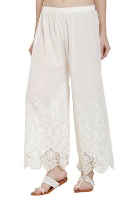 PAVONINE White Color Chikankari Lace Scalloped Hem Cotton Fabric pant 3