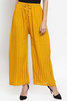 PAVONINE Mustard Color Goti Aari Work Rayon Fabric Palazzo