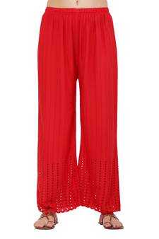 PAVONINE Red Color Goti Aari Work Rayon Fabric pant