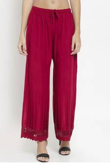 PAVONINE Maroon Color Aari Work Minar Design Rayon Fabric Palazzo