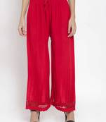 PAVONINE Red Color Aari Work Minar Design Rayon Fabric Palazzo