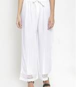 PAVONINE White Color Aari Work Minar Design Rayon Fabric Palazzo